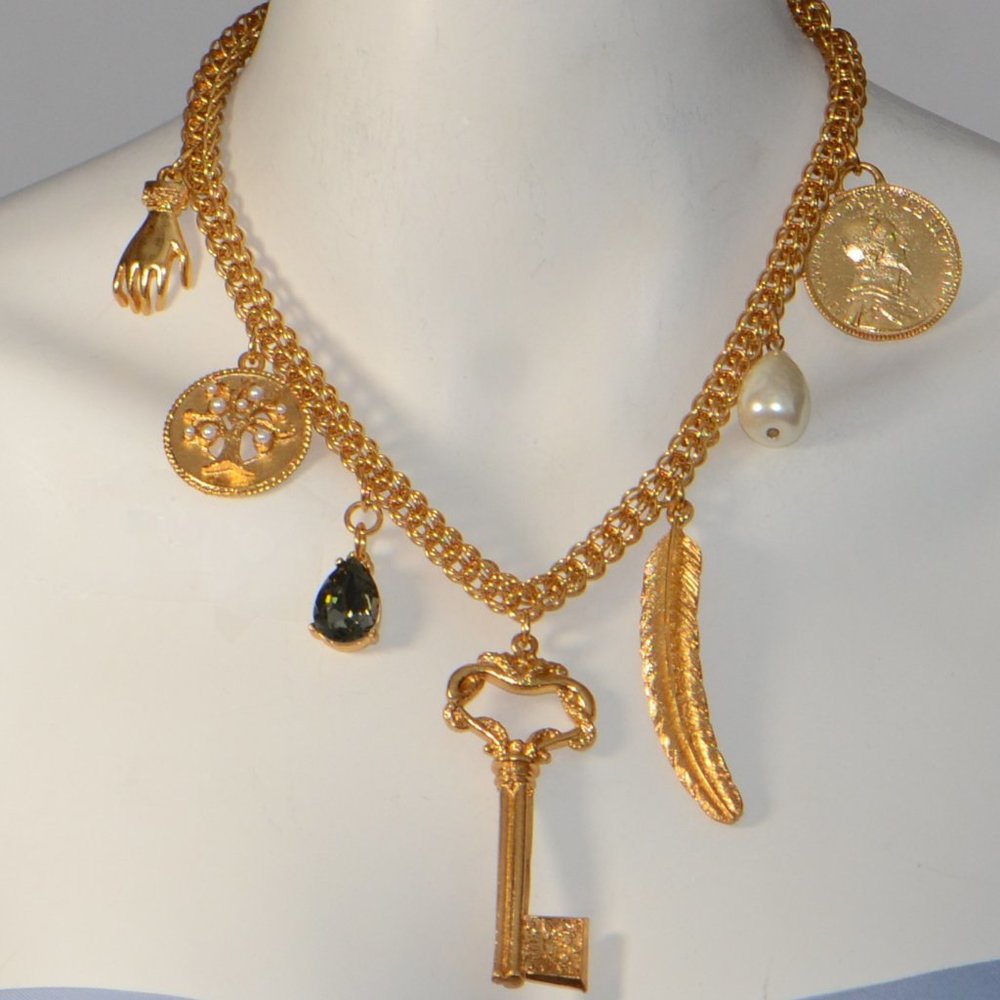 OSCAR DE LA RENTA Faux Pearl, Coin, Crystal, Feather, Key Charm Necklace